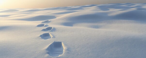 Footprints in fresh snow lead across a serene winter landscape, creating a sense of solitude and exploration.