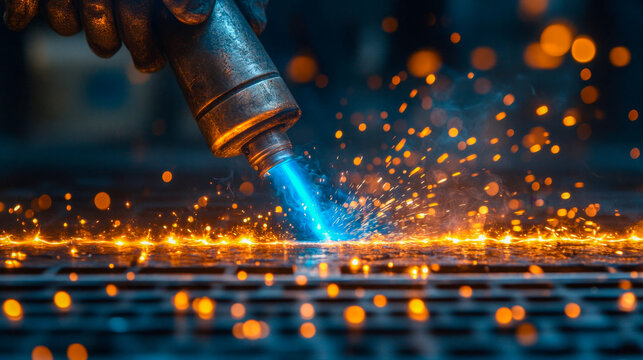 Metalworker uses a blowtorch to weld steel, producing a cascade of vibrant sparks