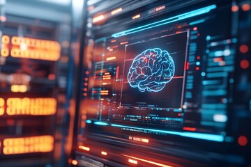 Obraz premium A sci-fi inspired digital screen presenting an AI chatbot interface with a holographic brain icon. Behind the screen, a futuristic server room with flowing data lines and coding elements is featured.
