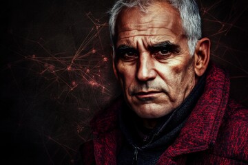 Fototapeta premium Elderly man in deep thought surrounded by dark red neural patterns symbolizing memory inner conflict and the complexity of mental processing in the aging mind