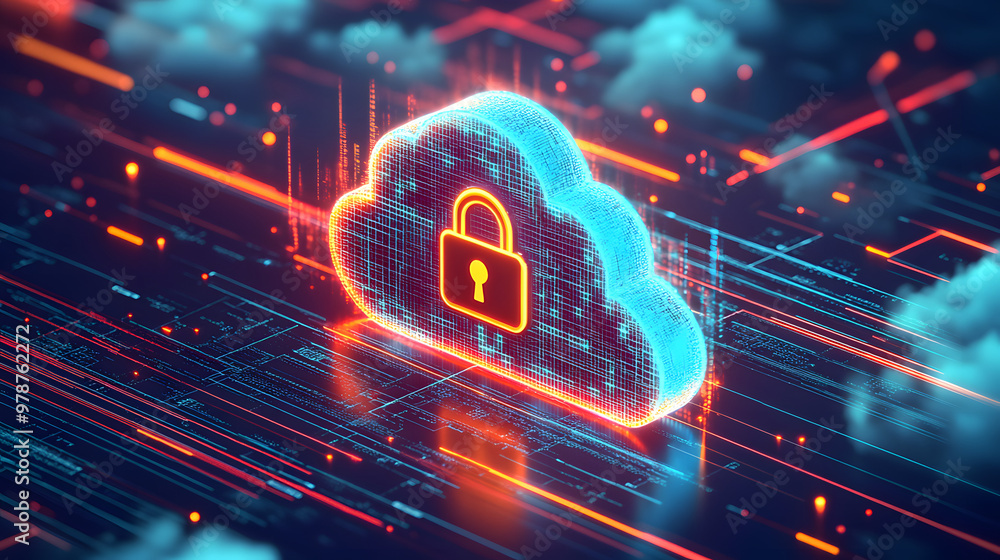 Poster abstract illustration of cloud security services, stylized cloud icon integrated with a secure padlo