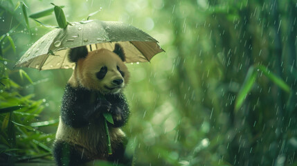 Obraz premium Adorable panda tilts in bamboo forest, clutching a leaf as an umbrella, symbolizing human-nature harmony amidst rain.