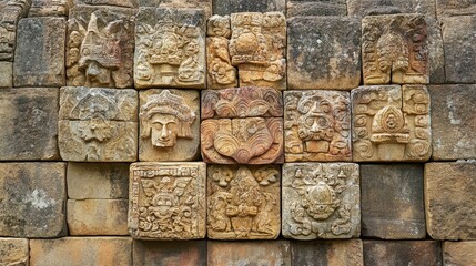 Stone Wall with Carved Mayan Figures and Designs