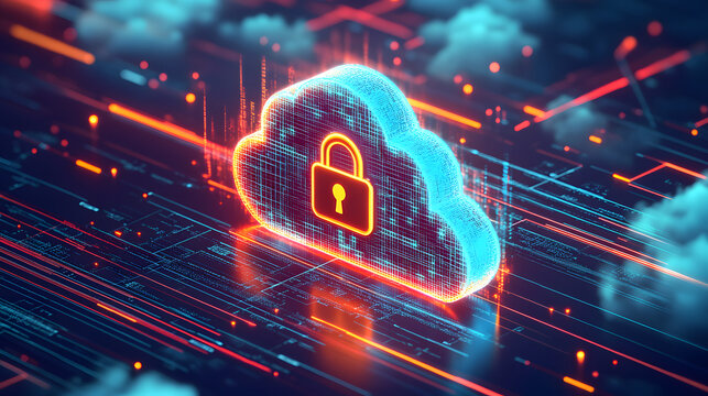 Abstract illustration of cloud security services, stylized cloud icon integrated with a secure padlock symbol, representing data protection and cybersecurity in cloud computing environments.
