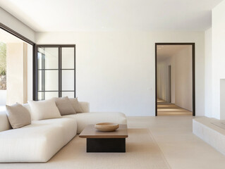Modern minimalist living room with bright natural lighting and neutral colors in a spacious open layout