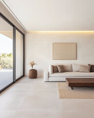 Modern minimalist living room with large windows and neutral decor in a sunny residential space