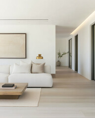 Fototapeta premium Modern minimalist living room featuring a cozy sofa and light wooden accents in a spacious, bright environment