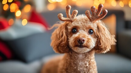 Festive Poodle Celebrates Christmas in Cozy Living Room with Glittering Reindeer Antlers