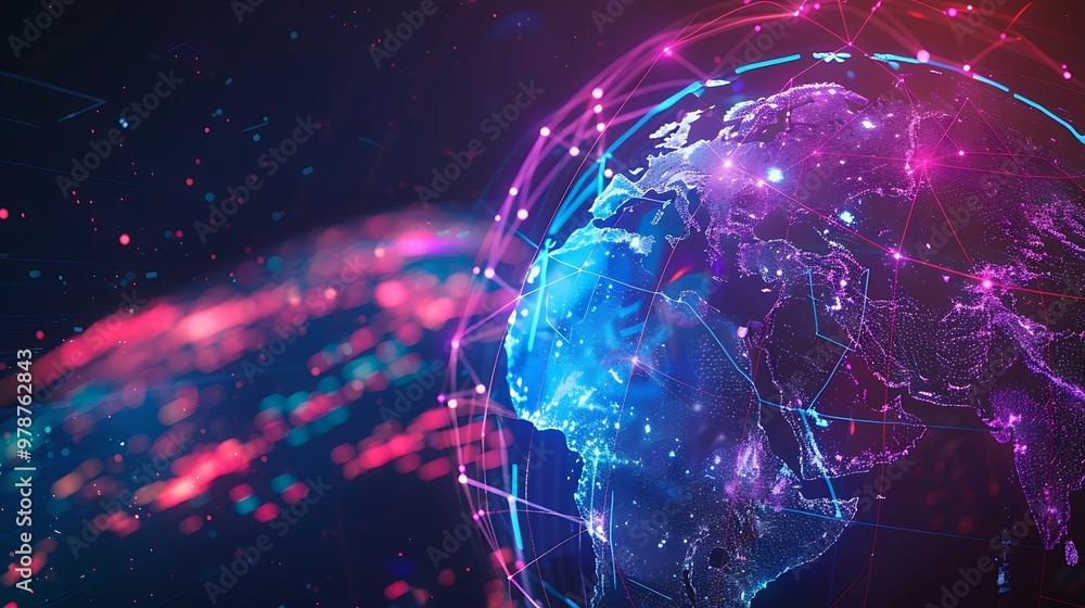 Poster abstract digital globe with glowing lines and dots representing the global network.