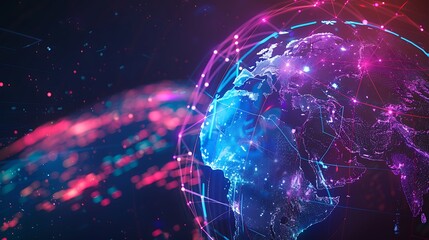 Abstract digital globe with glowing lines and dots for representing global network connectivity data exchange digital communication and worldwide technology concept.