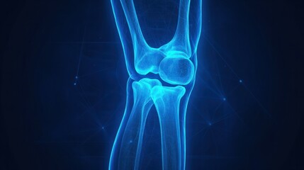 An X-ray icon of a human knee joint, showing visible bones and cartilage, designed in blue tones.