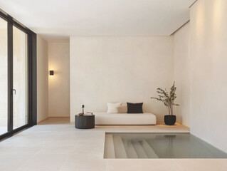 A minimalist living room with a sunken seating area and natural light flowing through large windows in a serene indoor space