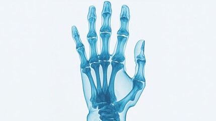 Fototapeta premium An X-ray icon of a human hand with visible bones, designed in blue tones, isolated on white.