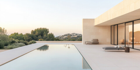 Fototapeta premium Modern minimalist villa with infinity pool in a serene landscape during sunset showcasing tranquil luxury living