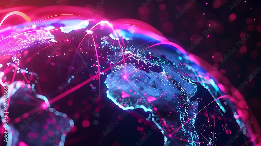 Poster 3d rendering of a globe with glowing lines representing global network connectivity.