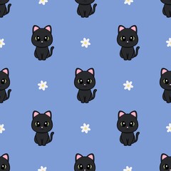 Seamless pattern with cute black cat and flowers, design for wrapping, fabric, background, stationery, drawing, jpg.