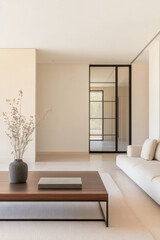 Minimalist living room featuring a neutral palette and modern furniture with natural light streaming in through glass doors
