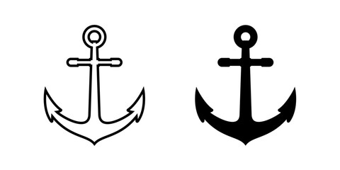 Anchors icons set. Ship sailing anchor line and flat icon collections. Nautical seafaring tools, boat equipment symbol. For app, web, label, tattoo, sticker. Vector illustration