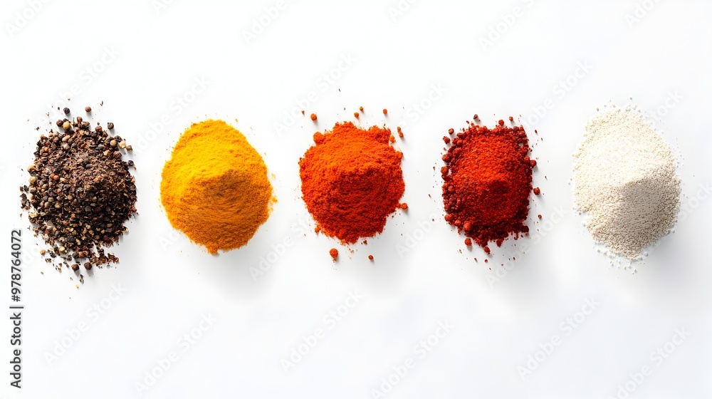 Poster assorted spices displayed on plain white background