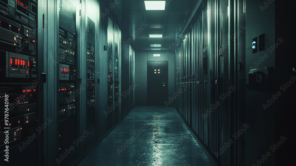 Aufkleber dimly lit corridor of a data center with rows of servers during nighttime hours