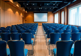 Naklejka premium Empty conference hall with blue chairs Rear view