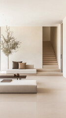Modern living room with neutral tones and minimalist design featuring a staircase and indoor plant in a bright space