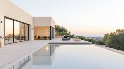Modern villa with a stunning view and infinity pool in the early evening light, surrounded by lush greenery and serene landscape