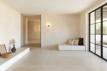 Minimalist living room in a modern house with natural light and neutral colors, featuring a cozy seating area and textured wall decor