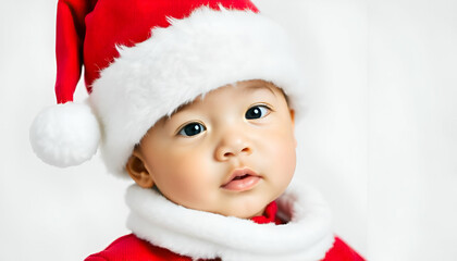 A young Asian infant wearing a red Santa hat is facing the camera with a serious expression.