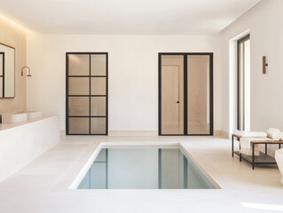 Luxurious indoor pool area featuring minimalist design and abundant natural light in a contemporary home setting