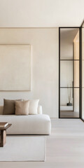 Modern minimalist living room with a neutral color palette, large glass windows, and simple decor in bright natural light