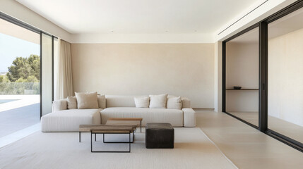 Fototapeta premium Modern living room with minimalist design and large windows allowing natural light in a contemporary home setting