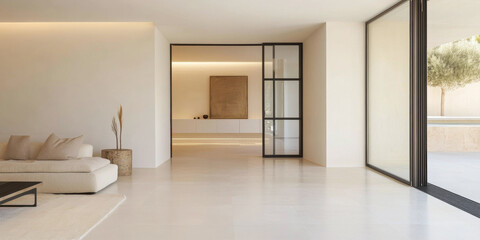 Obraz premium Spacious modern living room with minimalist design and natural light in a contemporary home