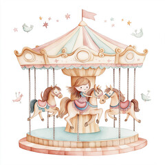 Girl Riding Horse Carousel watercolor on a white background.