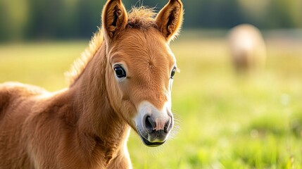 Close-up of a cute foal&rsquo;s head with a star-shaped marking