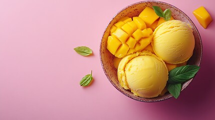 Close-up of a bowl of mango ice cream with fresh mango slices and mint leaves on a pink background.