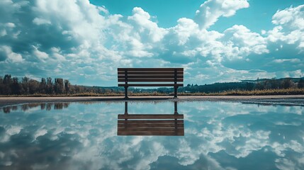 Empty bench reflecting a blue and cloudy sky. Selective focus