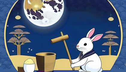 十三夜と十五夜の名月に餅つきをする白うさぎ