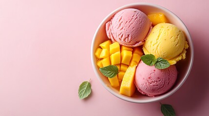 Bowl of mango sorbet and vanilla ice cream with mint leaves