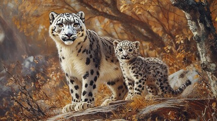 Female snow leopard (Uncia uncia) with a subadult cub