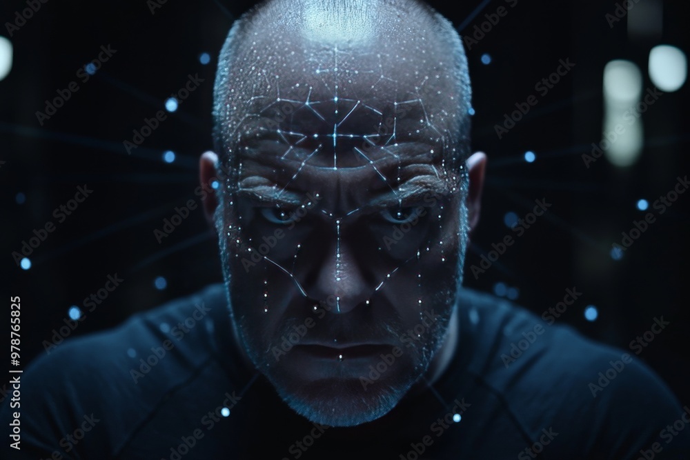 Aufkleber middle aged man with holographic patterns on his face representing futuristic technology and mental 
