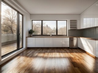 Modern Kitchen with White Cabinets and a Large Window