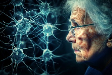 Elderly man with a contemplative expression amidst a neural like web of light symbolizing cognitive aging memory and thought processes in a dark conceptual setting
