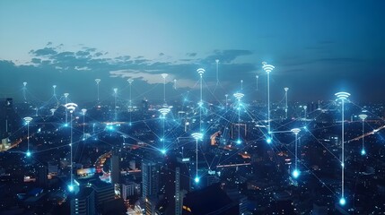 Obraz premium Connected City Technology Wireless Networks Urban Landscape Data Transmission | AI Generated