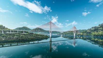 Obraz premium 3d illustration of a cable stayed bridge crossing huge lake in mountainous region