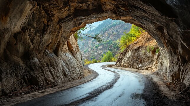 An old rural road winds through handmade tunnels carved into the canyon walls of the Jerma River. 