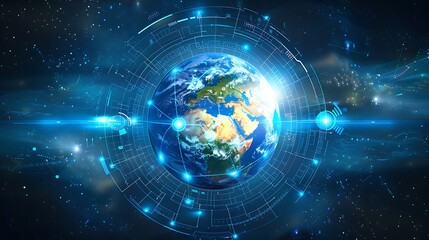 Earth surrounded by a digital interface, set against a backdrop of a starry sky. The image evokes themes of technology, connectivity, and the future.