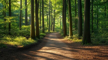 Obraz premium A charming pathway winds through a beautiful forest, lined with a diverse array of trees. 