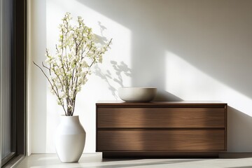 Modern Low Mahogany Chest of Drawers Next to a White Flat Wall