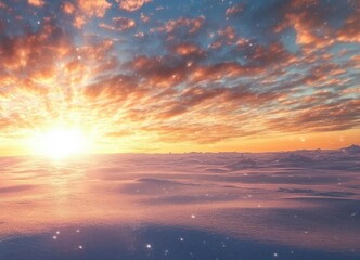 Obraz premium A magical sunset scene featuring a sleigh with Santa and reindeer soaring over a snowy landscape, evoking holiday joy.